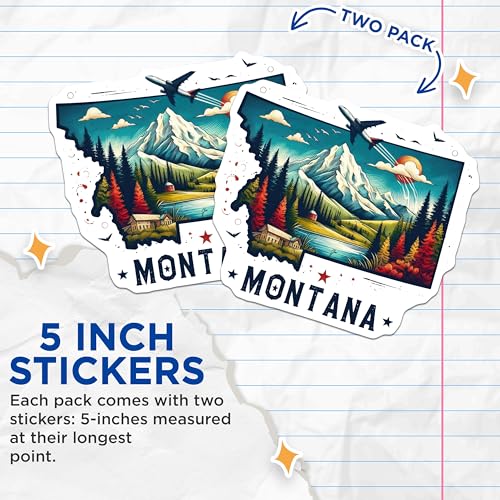 (2 Pack) Montana State Travel Stickers - Nature Mountain Stickers - Outdoors Adventure Decal - 5" On Longest Side - Sticks to Smooth Flat Surfaces - Made in USA - BMCS5176