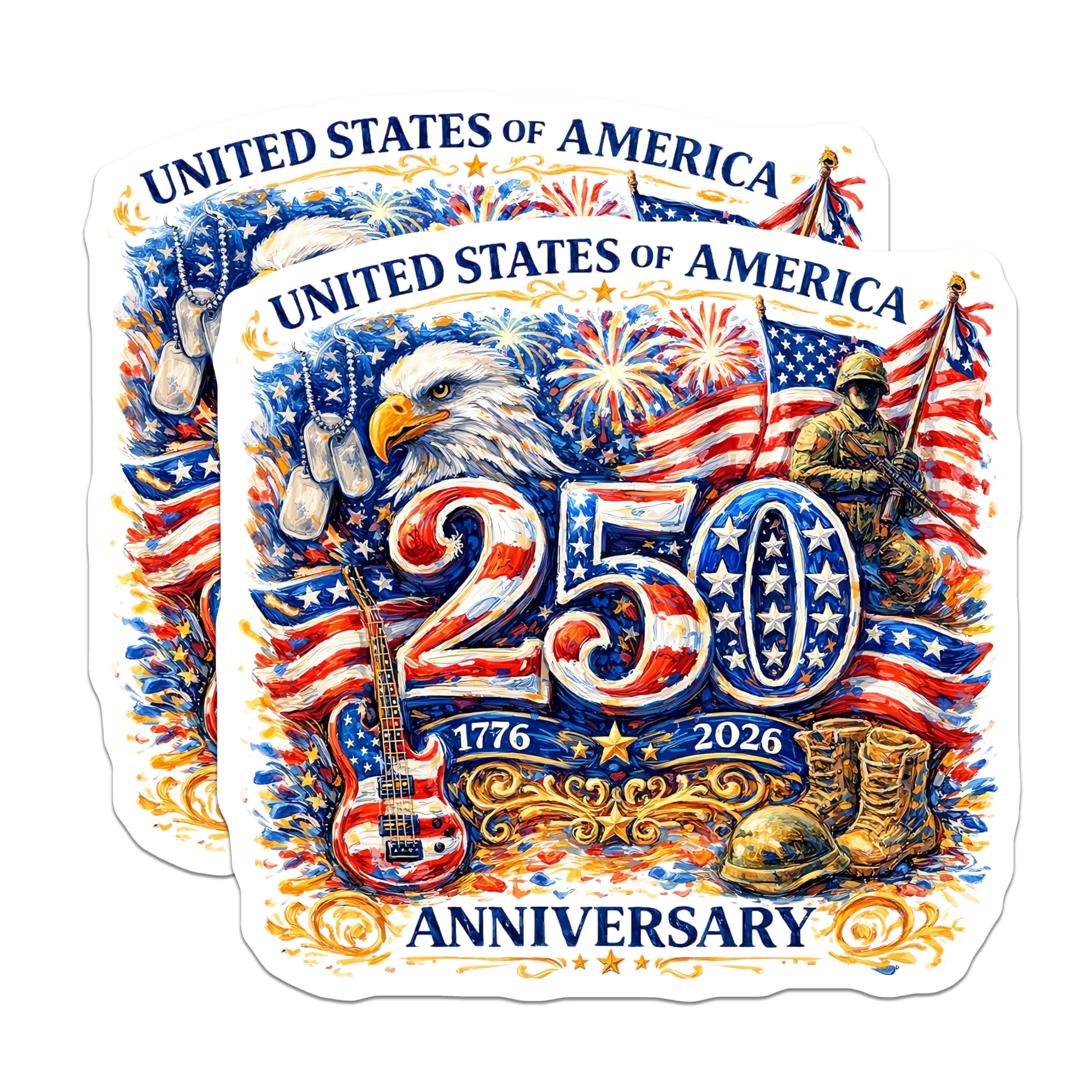 (2 Pack) 250th Anniversary USA Magnets - Patriotic Military Eagle Flag - Veteran American History Fridge Decor - 5 Inches On Longest Side - Thick Durable Magnet - Made in USA - MAG27450