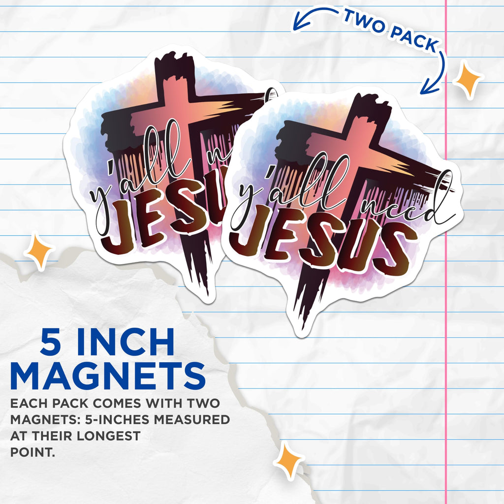 (2 Pack) Yall Need Jesus Magnets - Christian Cross Faith Decor - Inspirational Southern Saying Religious Fridge Locker Magnet - 5 Inches On Longest Side - Thick Durable Magnet - Made in USA - MAG19623