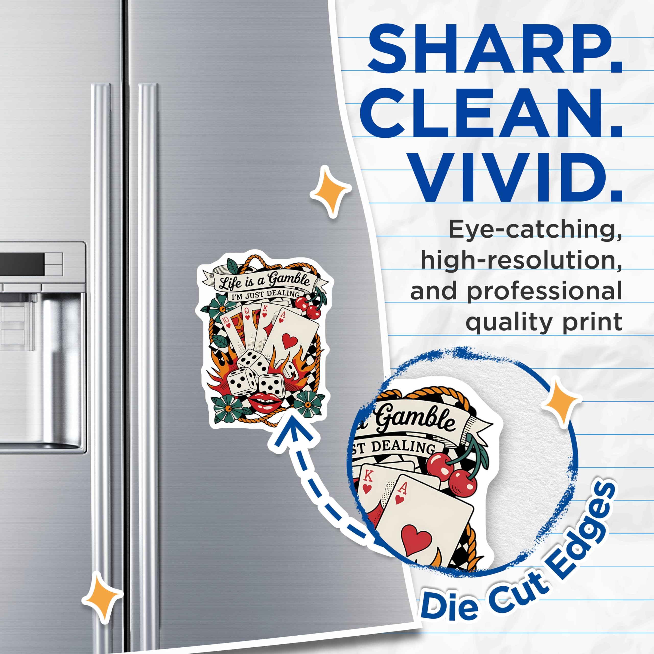 (2 Pack) Gambling Magnets - Life is a Gamble Quote - Poker Dice Tattoo Art Refrigerator Decor - 5 Inches On Longest Side - Thick Durable Magnet - Made in USA - MAG21250