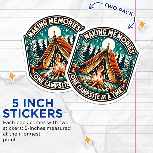 (2 Pack) Camping Adventure Stickers - Making Memories Stickers - Campsite Fire Stickers - 5" On Longest Side - Sticks to Smooth Flat Surfaces - Made in USA - BMCS6934