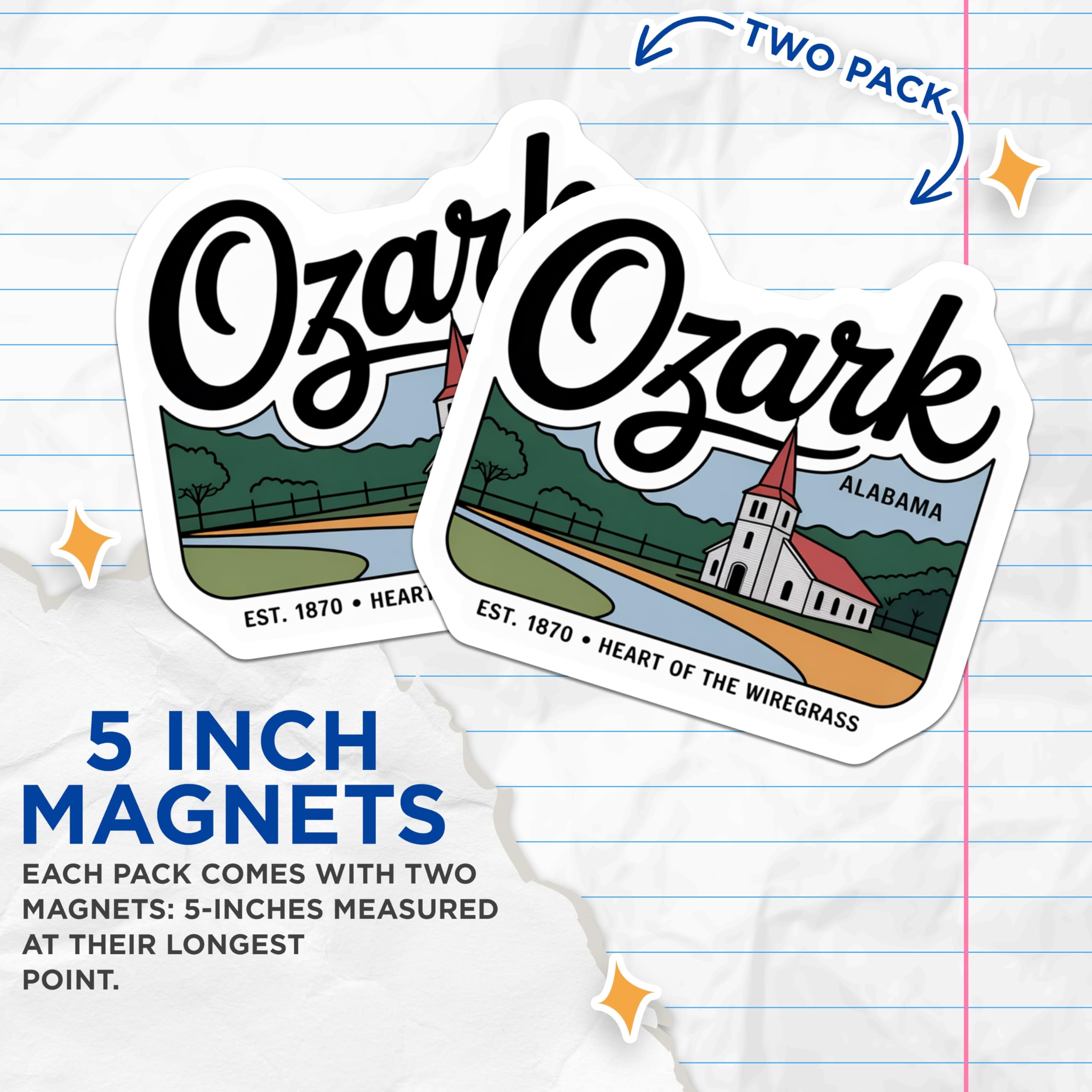 (2 Pack) Ozark Alabama Magnets - Heart of Wiregrass - Southern Town Souvenir - 5" On Longest Side - Premium Magnet - for Cars, Refrigerators, Toolboxes, Lockers - Made in USA - MAG18881