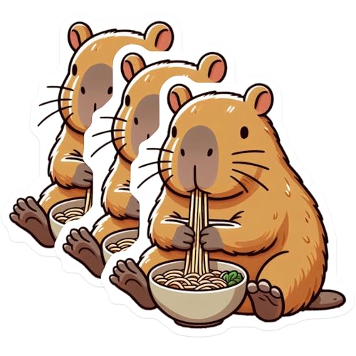 (3 Pack) Capybara Decals - Eating Ramen - Laptop Decal - Cute Rodent - 3 Inches On Longest Side - Easy Peel & Apply - Made in USA - 3MCS8687