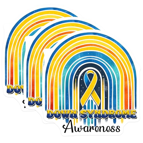 (3 Pack) Down Syndrome Decals - Awareness Rainbow - Trisomy 21 Support - 3 Inches On Longest Side - Easy Peel & Apply - Made in USA - 3MCS6968