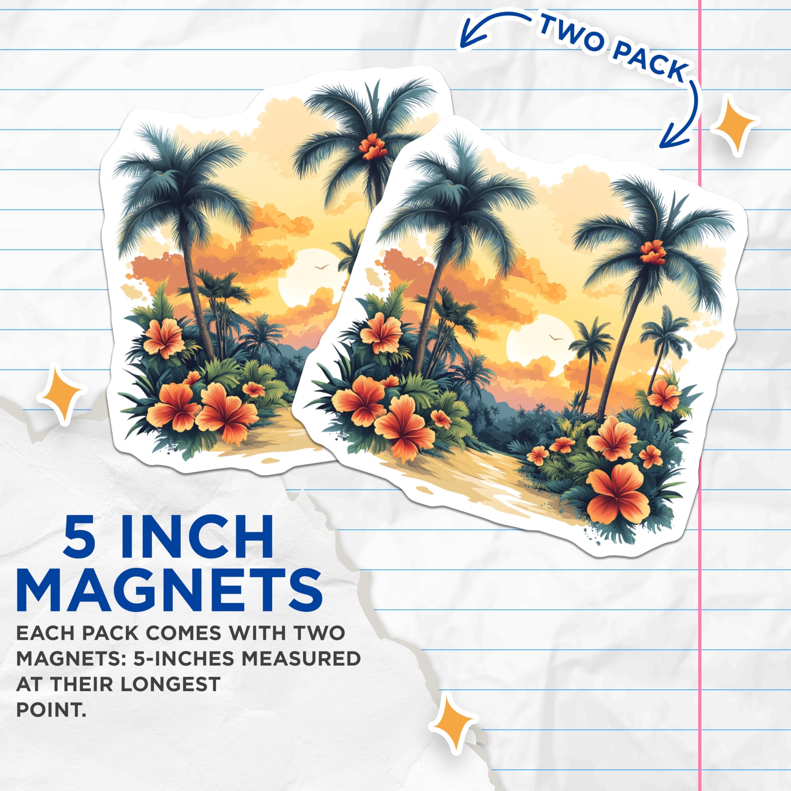 (2 Pack) Tropical Sunset Beach Magnets - Hawaiian Palm Tree Decor - Summer Vacation Souvenir Fridge Locker - 5 Inches On Longest Side - Thick Durable Magnet - Made in USA - MAG25436