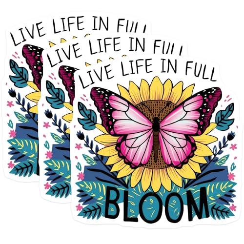 (3 Pack) Sunflower Butterfly Decals - Live Life in Full Bloom - Positive Affirmation Laptop Decal - 3 Inches On Longest Side - Easy Peel & Apply - Made in USA - 3MCS7709