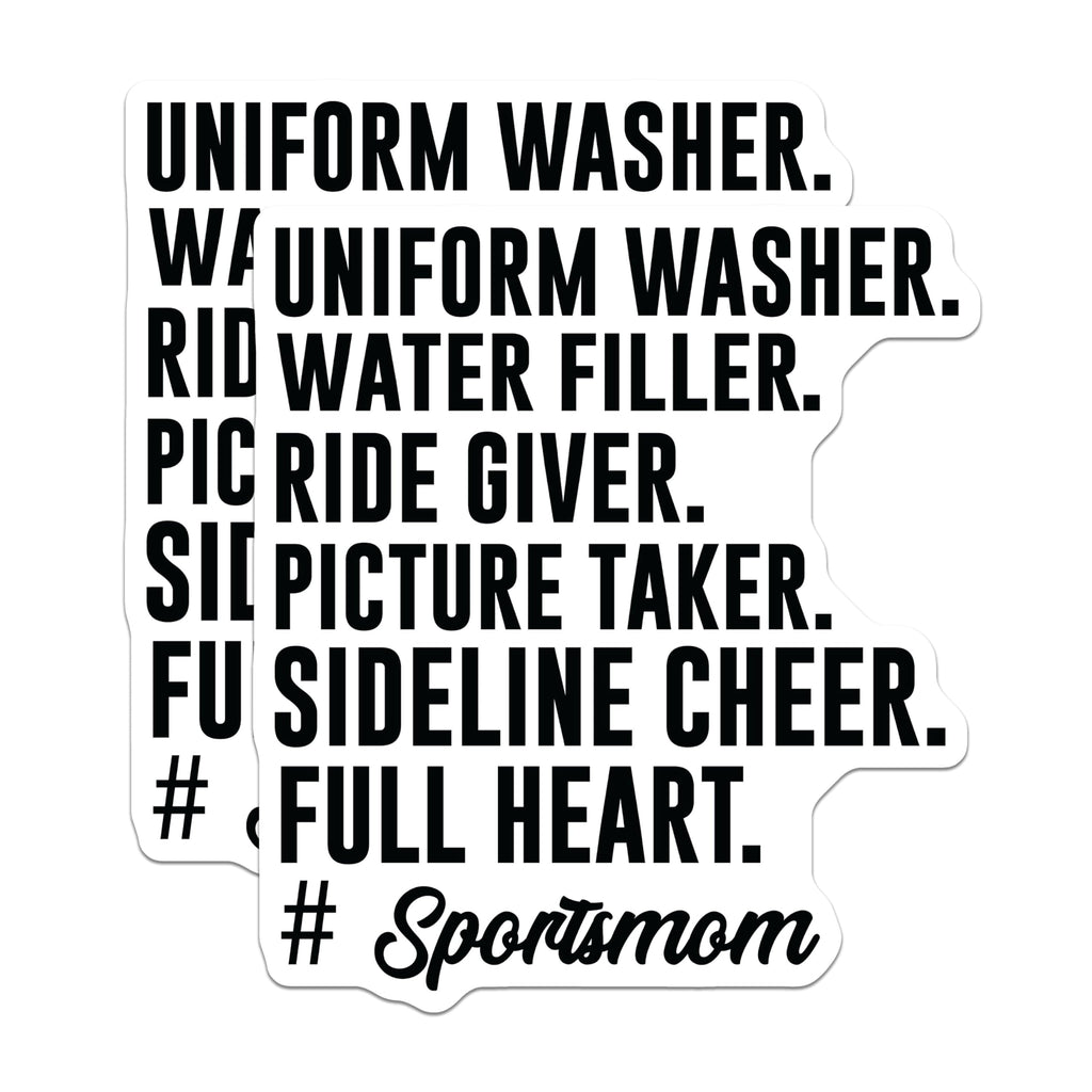 (2 Pack) Sports Mom Stickers - Uniform Washer Ride Giver Stickers - Sideline Cheer Full Heart Stickers - 5" On Longest Side - Sticks to Any Smooth Flat Surface - Made in USA - BMCS3074