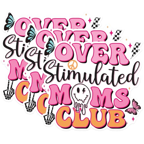 (3 Pack) Overstimulated Moms Club Decals - Mom Life - Funny Mom Laptop Decal - 3 Inches On Longest Side - Easy Peel & Apply - Made in USA - 3MCS1809
