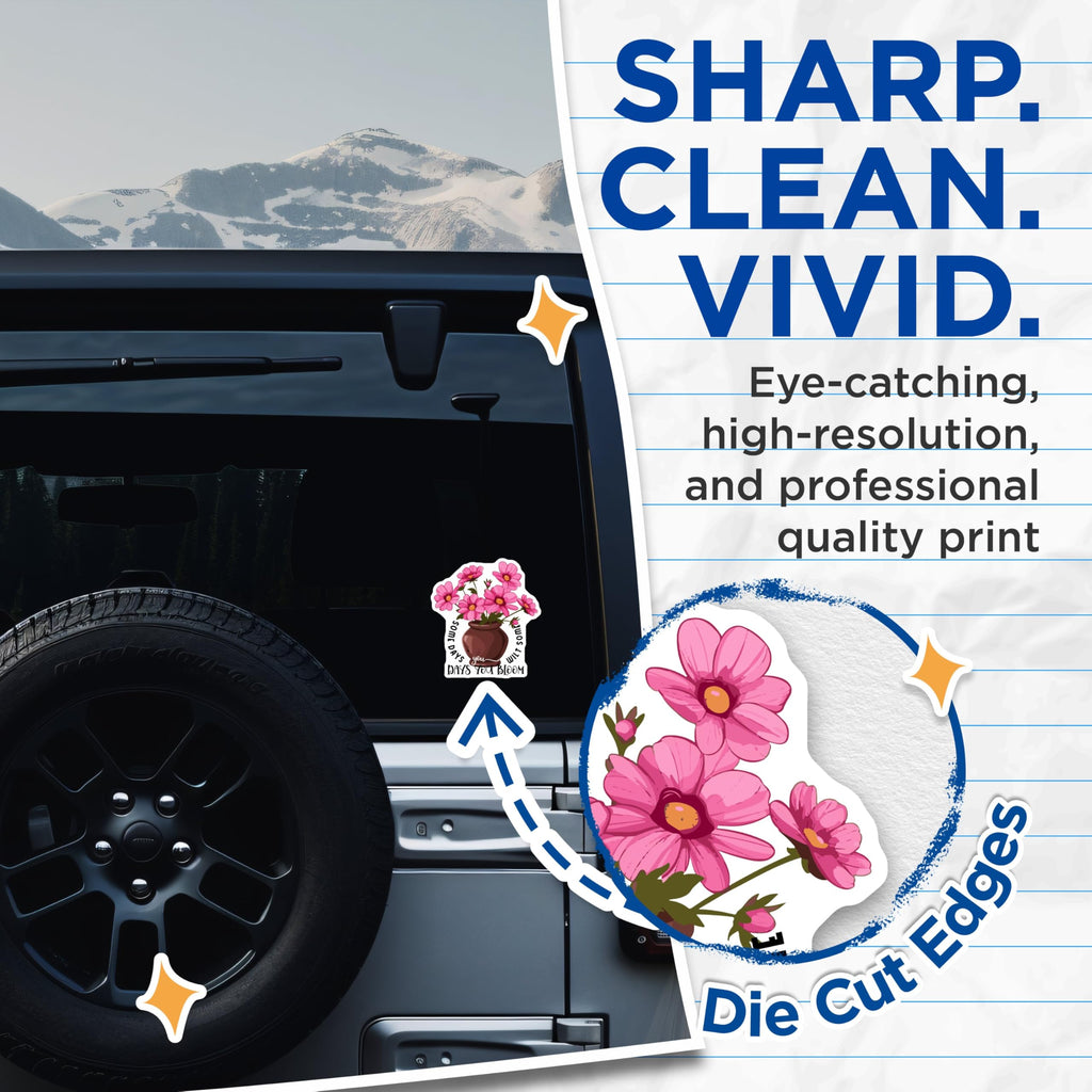 (2 Pack) Inspirational Flower Stickers - Motivational Bloom Stickers - Positive Quote Stickers - 5" On Longest Side - Sticks to Smooth Flat Surfaces - Made in USA - BMCS3861