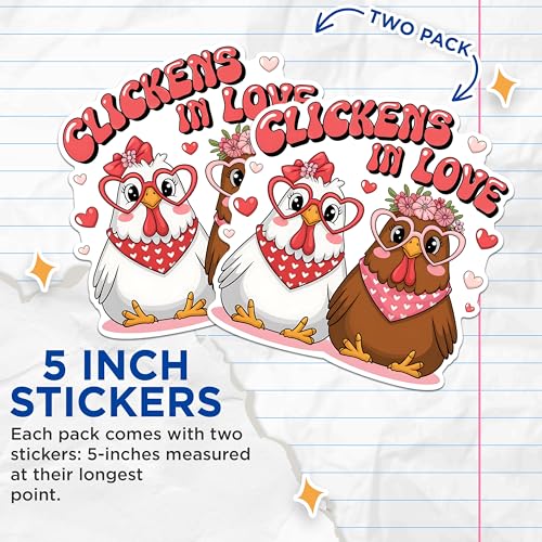 (2 Pack) Chickens in Love Stickers - Cute Chicken Couple Stickers - Funny Farm Animal Stickers - 5" On Longest Side - Sticks to Any Smooth Flat Surface - Made in USA - BMCS3050