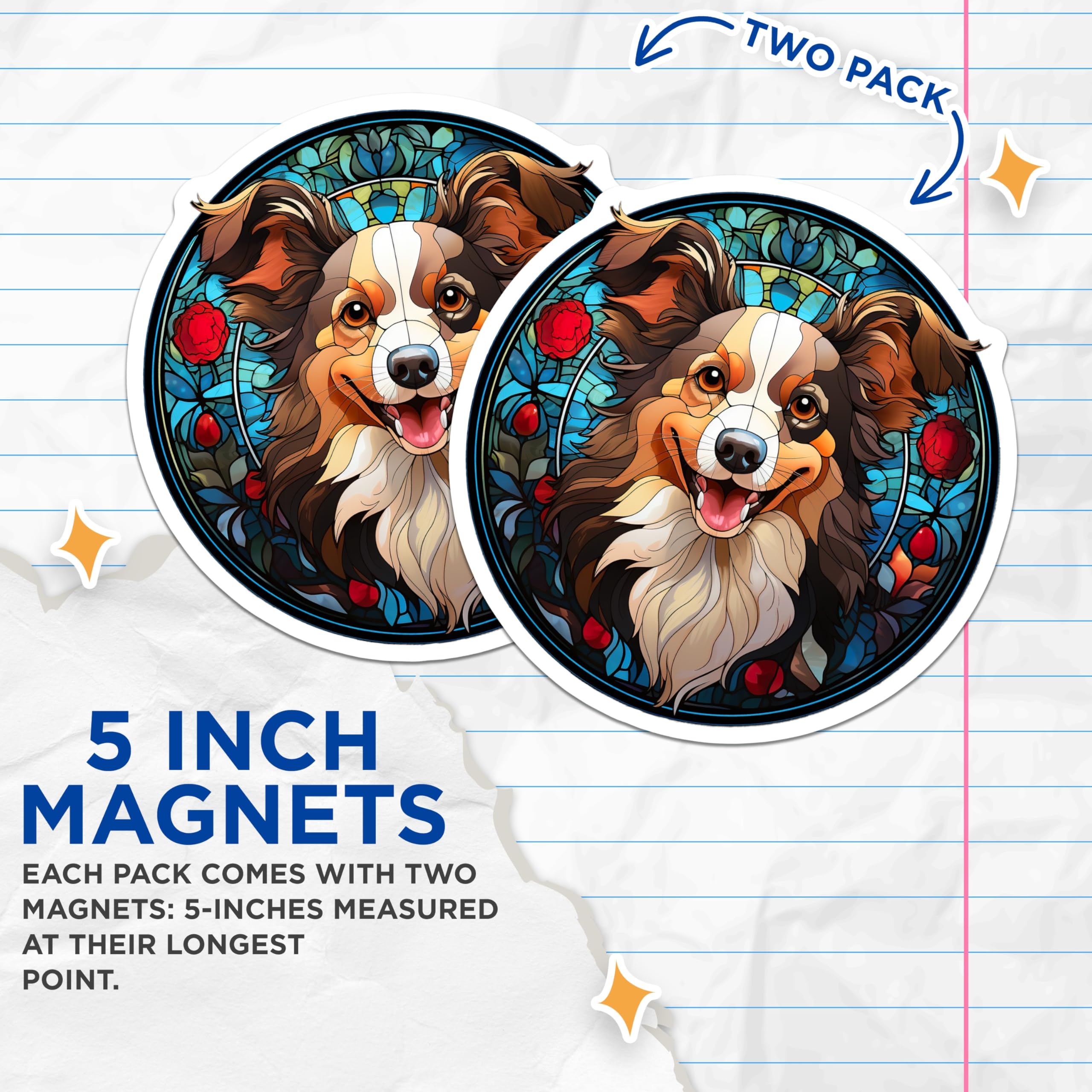 (2 Pack) Stained Glass Dog Magnets - Australian Shepherd Art - Fridge Locker Decor - 5 Inches On Longest Side - Thick Durable Magnet - Made in USA - MAG25087