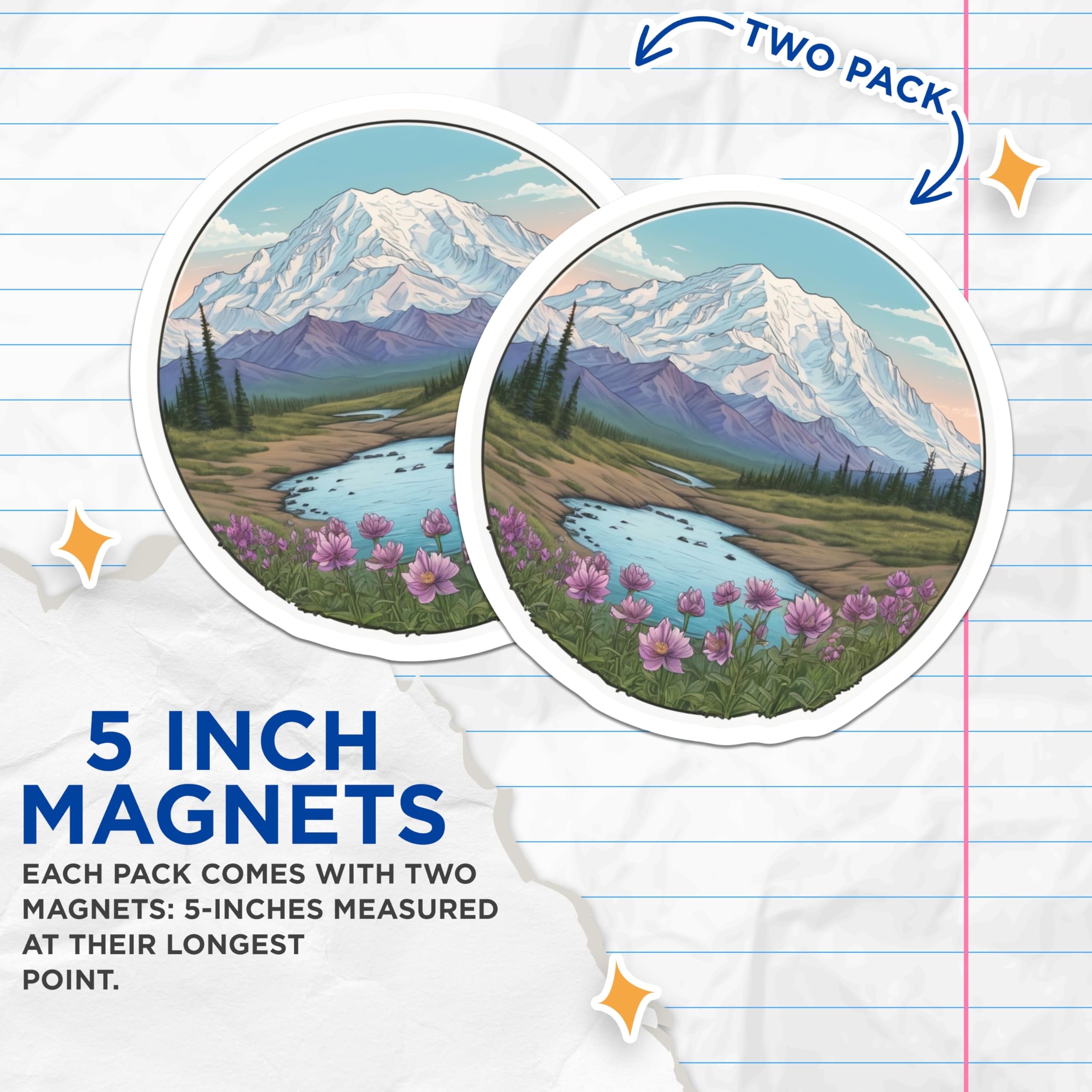 (2 Pack) Mountain Scene Magnets - Snowy Peak Art - Landscape Illustration Decor - 5" On Longest Side - Premium Magnet - for Cars, Refrigerators, Toolboxes, Lockers - Made in USA - MAG18494