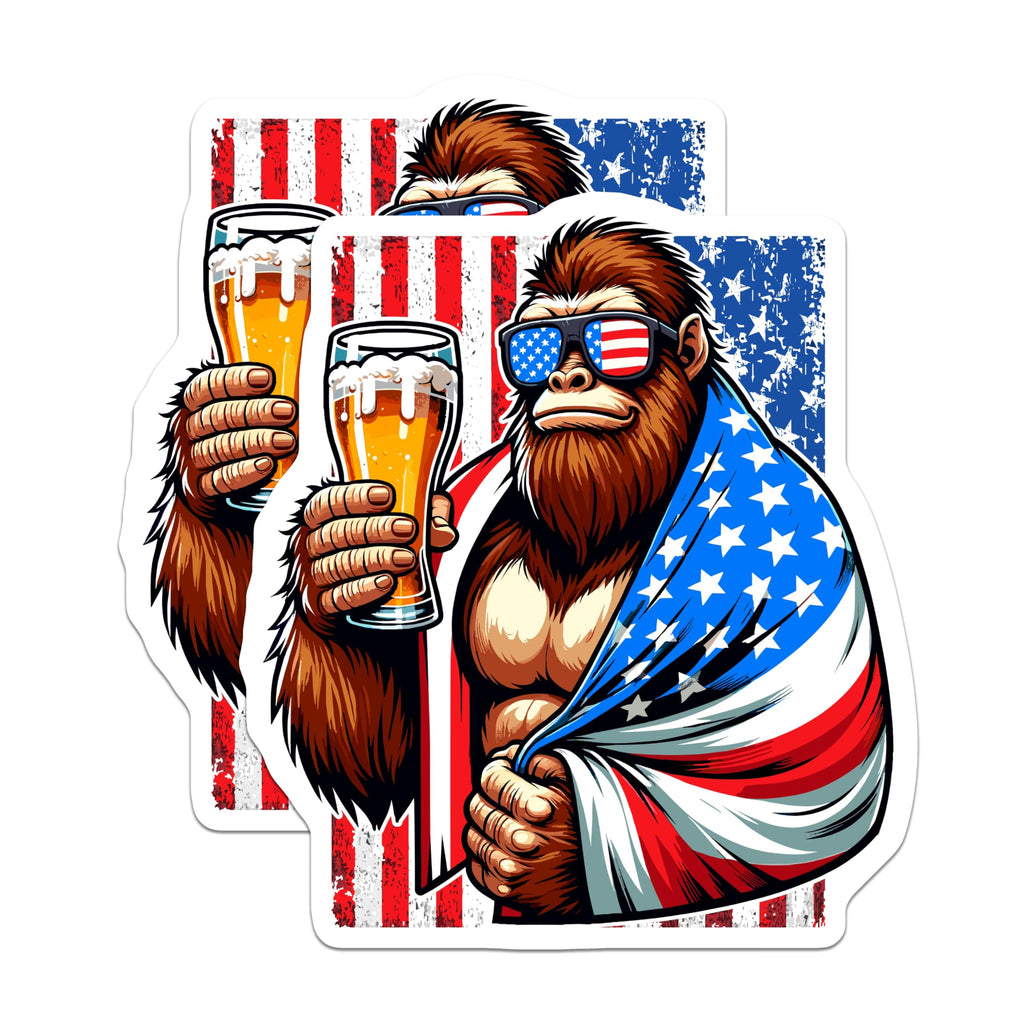 (2 Pack) Bigfoot Magnets - American Flag Sasquatch Beer Decor - Patriotic Cryptozoology Refrigerator Art - 5 Inches On Longest Side - Thick Durable Magnet - Made in USA - MAG21287