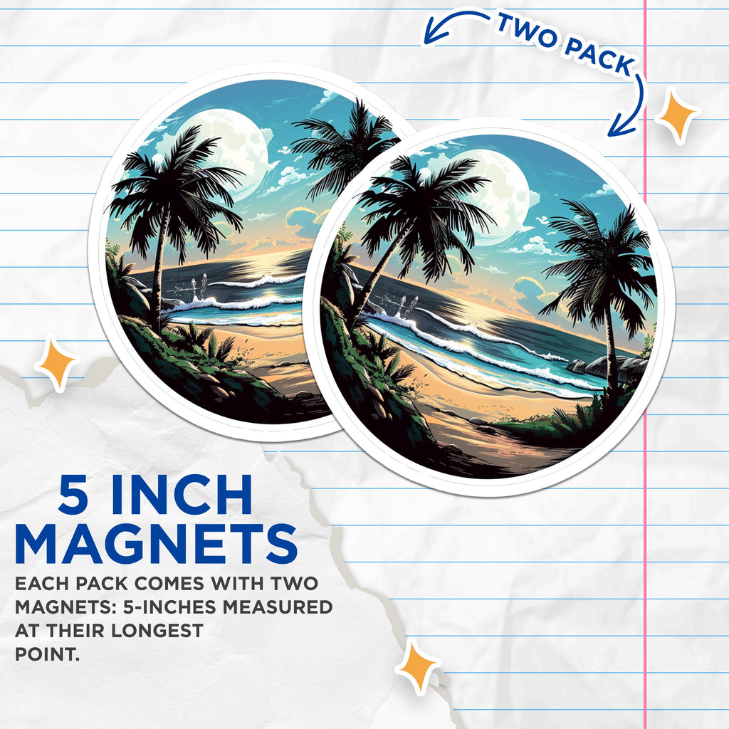 (2 Pack) Tropical Beach Magnets - Moonlit Palm Tree Decor - Ocean Wave Fridge Magnets - Coastal Aesthetic Travel Souvenir - 5 Inches On Longest Side - Thick Durable Magnet - Made in USA - MAG37111