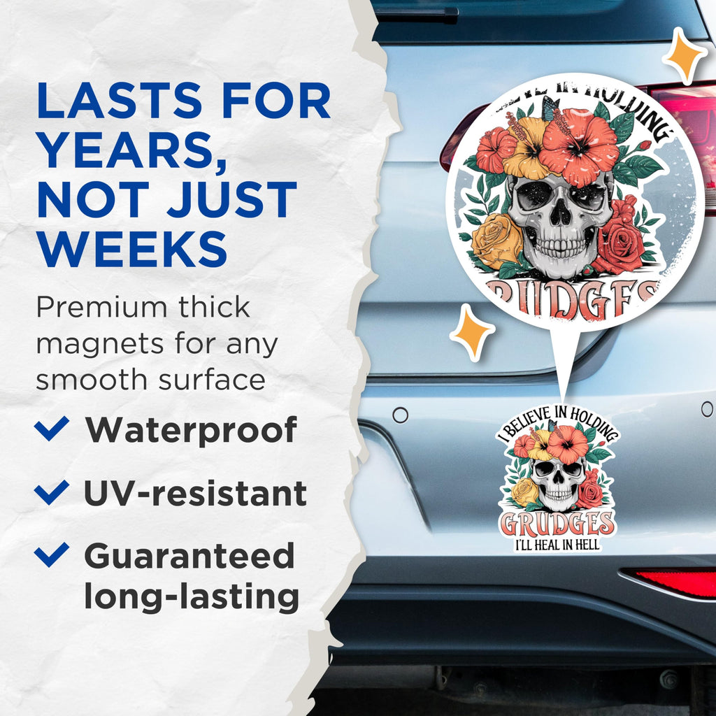 (2 Pack) Skull Flower Magnets - I Believe in Holding Grudges Magnets - I'll Heal in Hell Magnets- 5" On Longest Side - for Fridges, Toolboxes, Cars - Made in USA - MAG2886