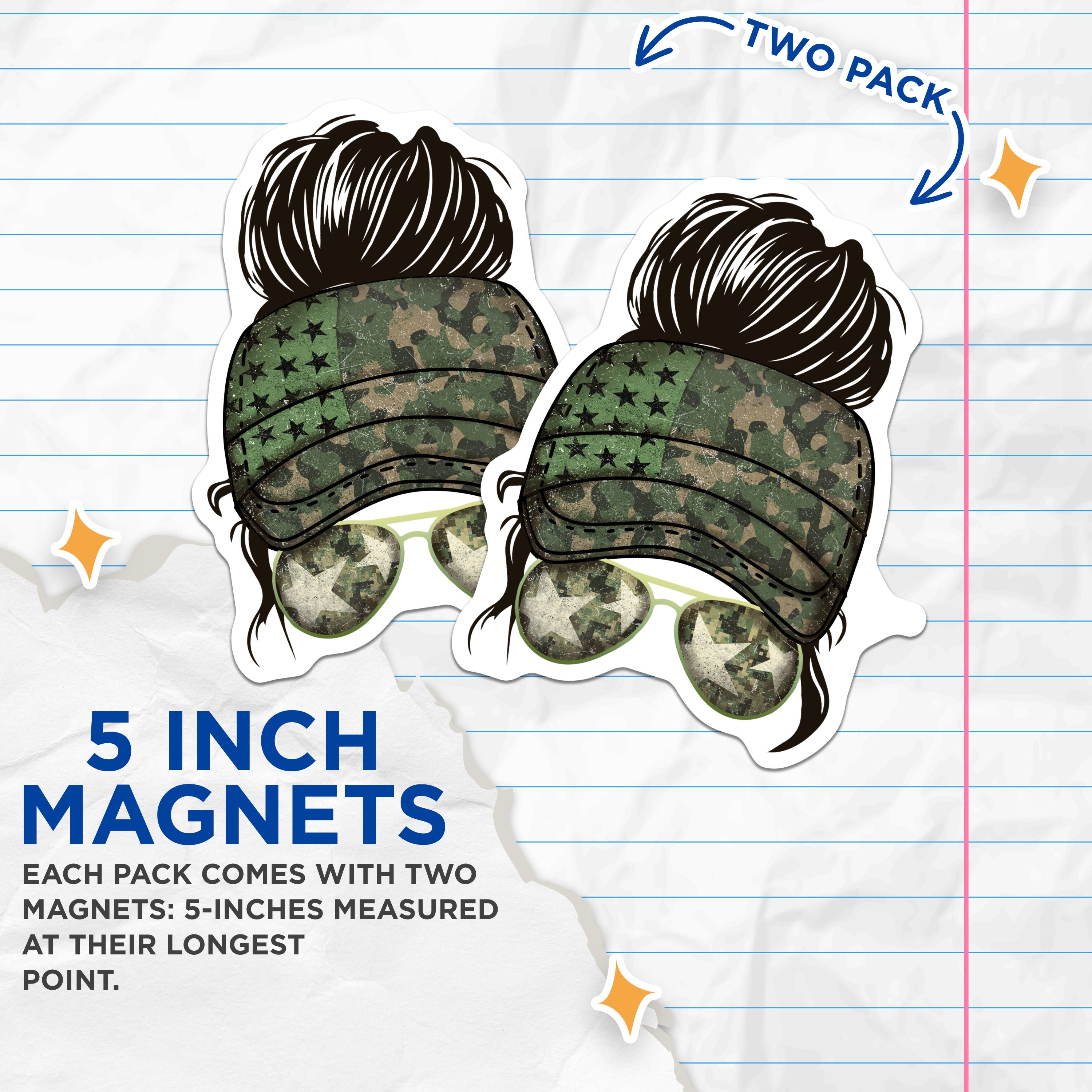 (2 Pack) Messy Bun Camo Magnets - Patriotic Woman Refrigerator Decor - Military Wife Support Items - 5 Inches On Longest Side - Thick Durable Magnet - Made in USA - MAG36717