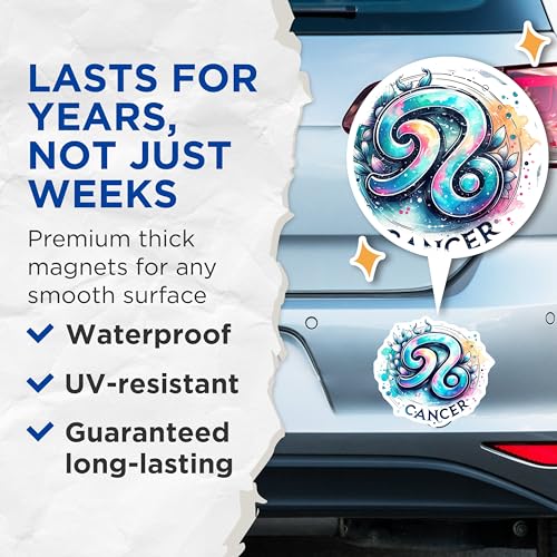 (2 Pack) Cancer Zodiac Sign Magnets - Colorful Astrology Art - Horoscope Fridge Magnets - 5" On Longest Side - for Cars, Fridges, Toolboxes - Made in USA - MAG7034