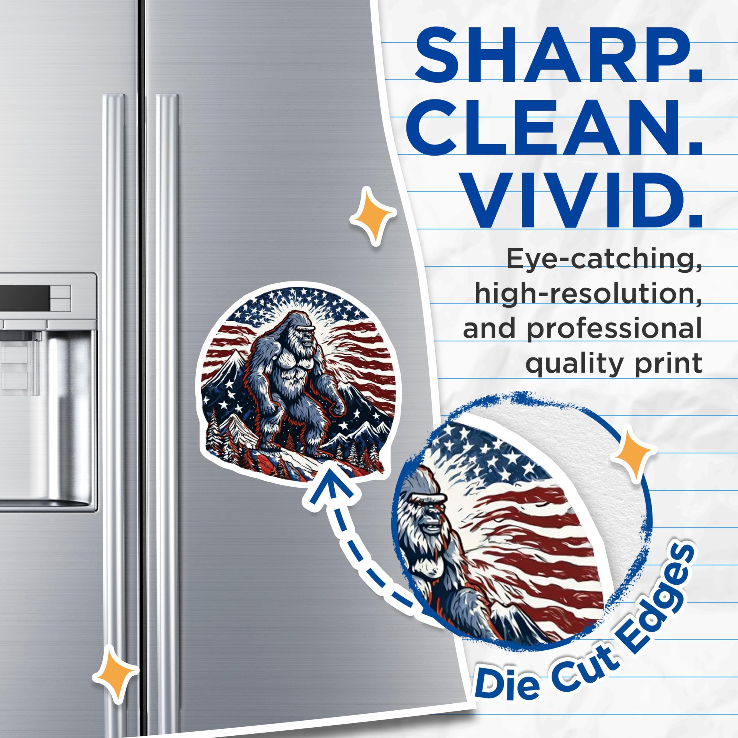 (2 Pack) Bigfoot Magnets - Patriotic American Flag Sasquatch Legend Decor - Mountain Wilderness Cryptid Collectible - 5 Inches On Longest Side - Thick Durable Magnet - Made in USA - MAG21141