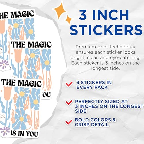 (3 Pack) Magic is in You Decals - Floral Laptop Stickers - Inspirational Affirmation Decal - 3 Inches On Longest Side - Easy Peel & Apply - Made in USA - 3MCS2617