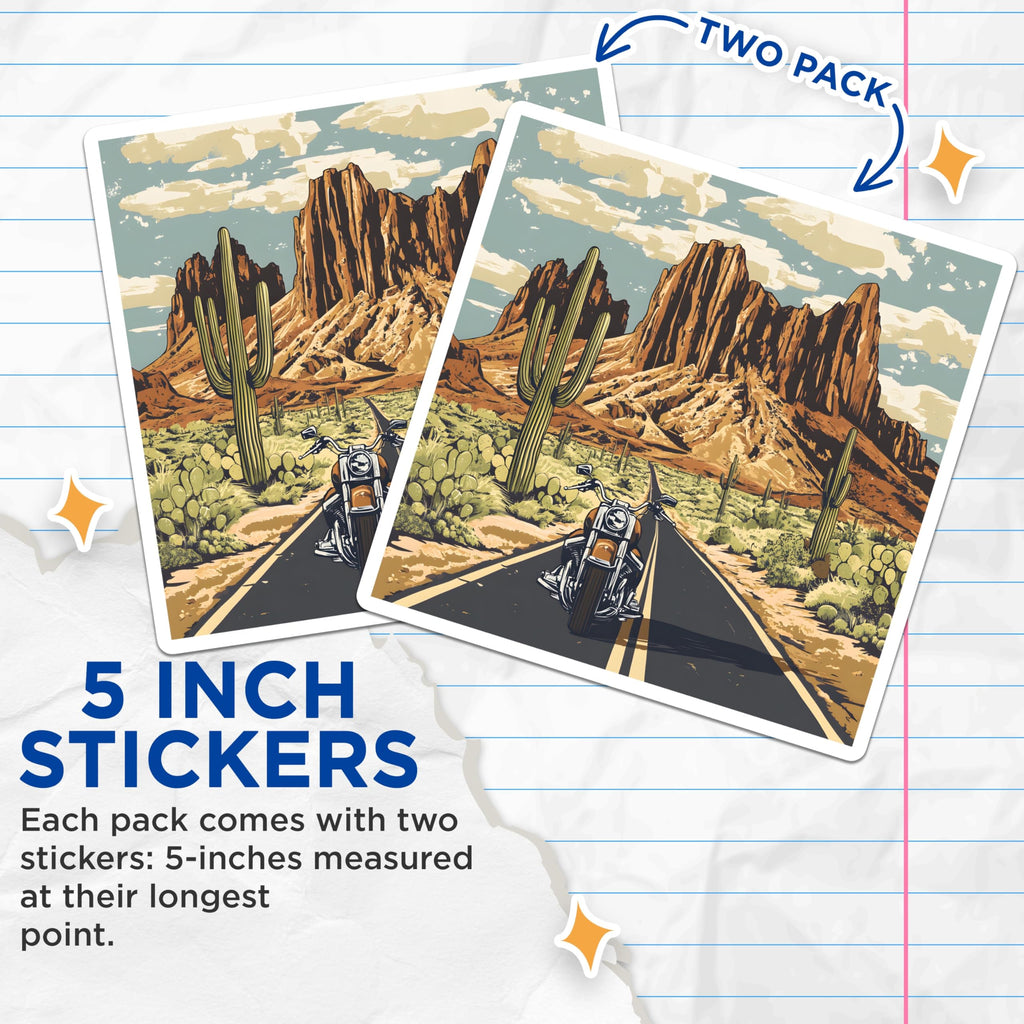 (2 Pack) Motorcycle Stickers - Desert Road Trip Decals - Adventure Biker Illustration - 5" On Longest Side - Sticks to Smooth Flat Surfaces - Made in USA - BMCS17837