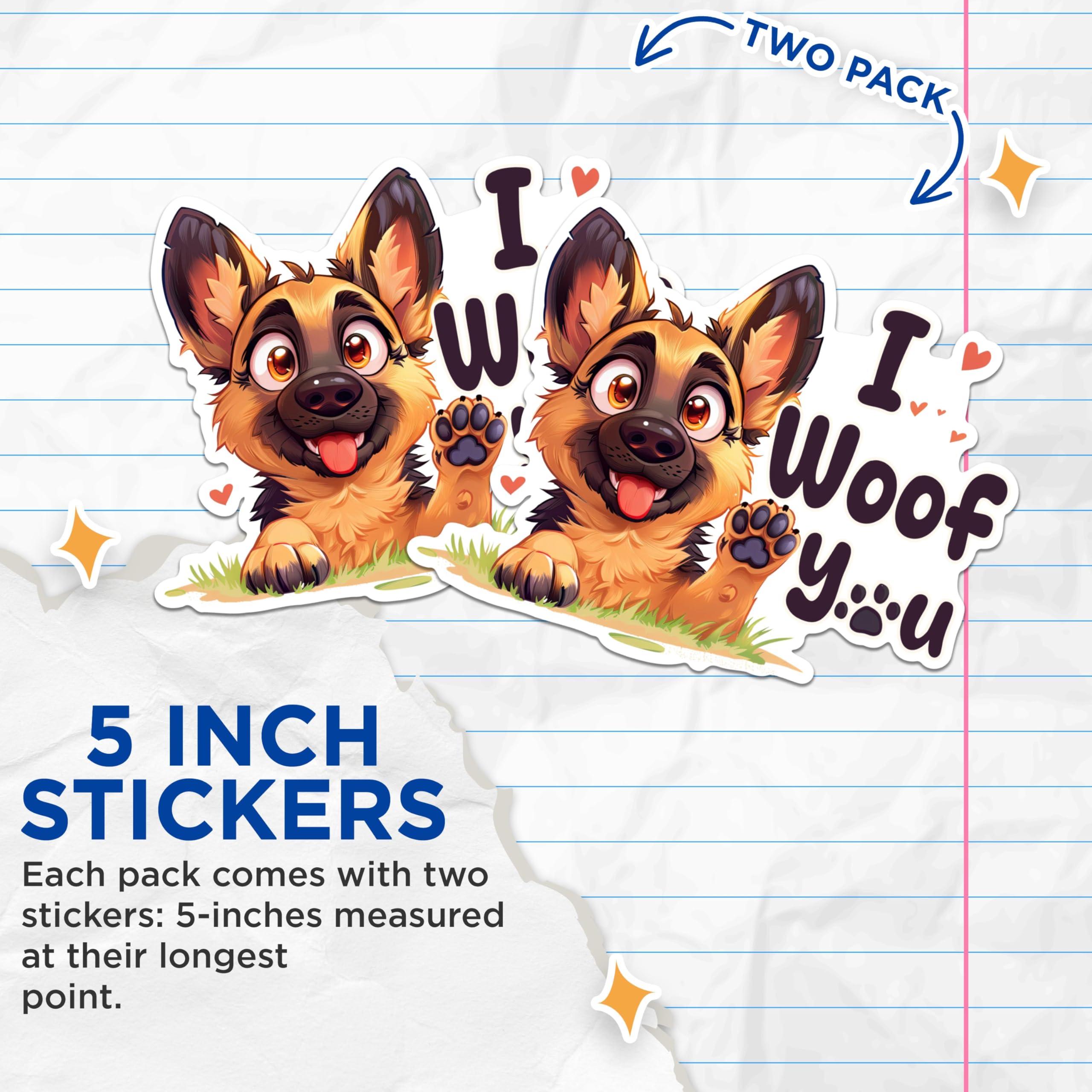 (2 Packs) I Woof You German Shepherd Stickers - German Shepherd Dog Breed Decals - 5 Inches On Longest Side - Premium Vinyl Decal - Sticks to Any Smooth Flat Surface - Made in USA - BMCS2370