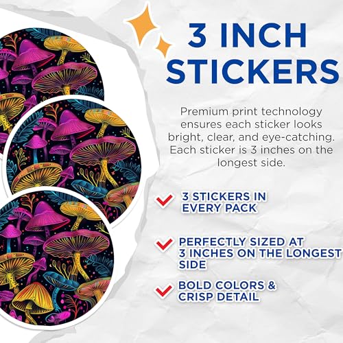(3 Pack) Mushroom Decals - Colorful Fungi - Laptop Decals- 3 Inches On Longest Side - Easy Peel & Apply - Made in USA - 3MCS5397