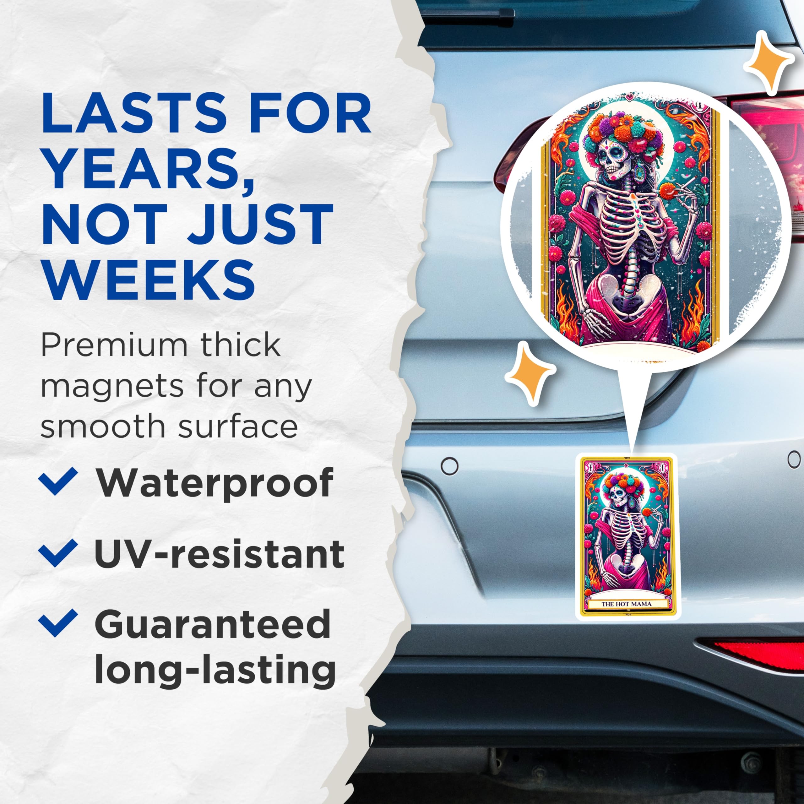 (2 Pack) The Hot Mama Magnets - Vibrant Sugar Skull Artwork - Dia de Los Muertos Calavera - Festive Fridge Magnets - 5 Inches On Longest Side - Thick Durable Magnet - Made in USA - MAG21150
