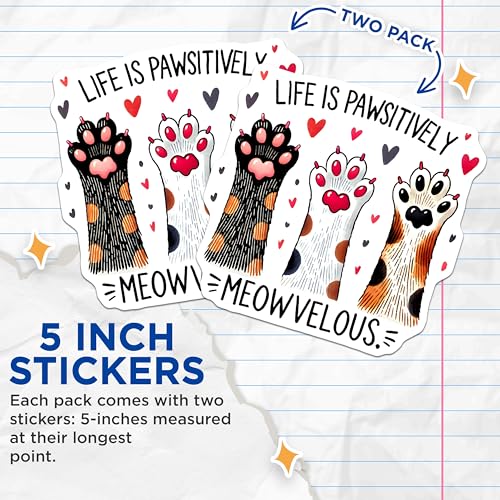 (2 Pack) Cat Paw Stickers - Cute Cat Meme Decals - Life is Pawsitively Meowvelous - 5" On Longest Side - Sticks to Smooth Flat Surfaces - Made in USA - BMCS9632