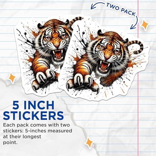 (2 Pack) Tiger Stickers - Animal Art Stickers - Wildlife Decal - Fierce Tiger Art - 5" On Longest Side - Sticks to Smooth Flat Surfaces - Made in USA - BMCS6262