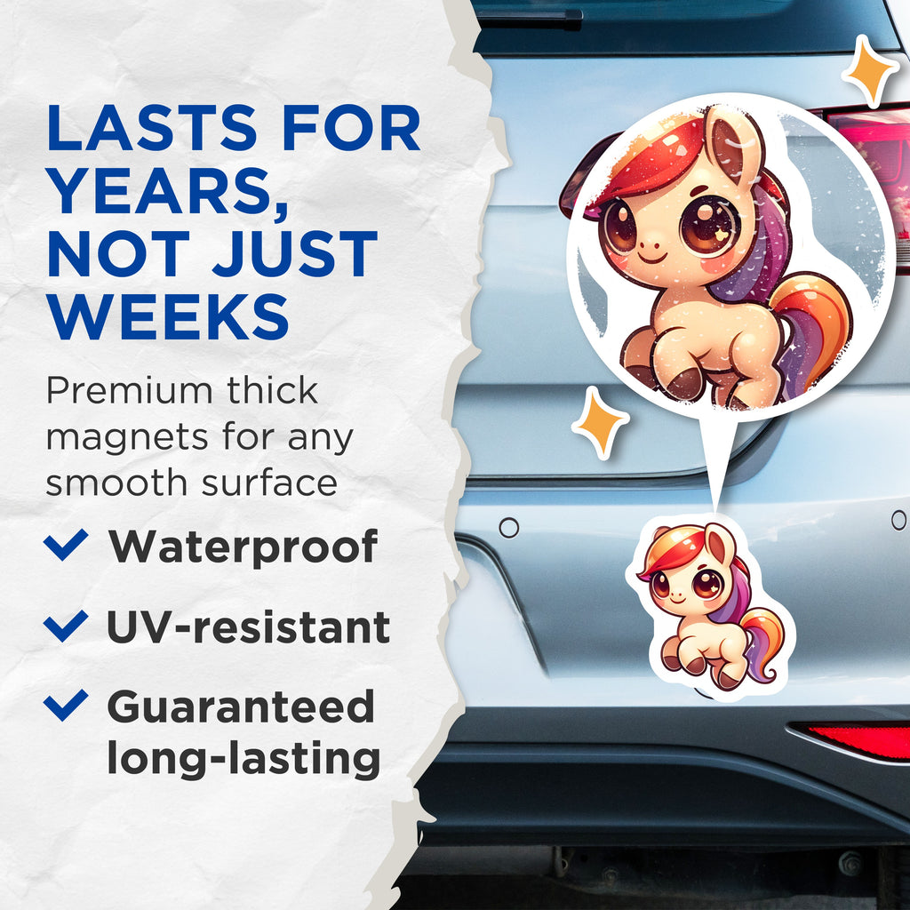 (2 Pack) Cute Chibi Pony Magnets - Kawaii Horse Refrigerator - Fantasy Animal Lover Decor - 5 Inches On Longest Side - Thick Durable Magnet - Made in USA - MAG36631