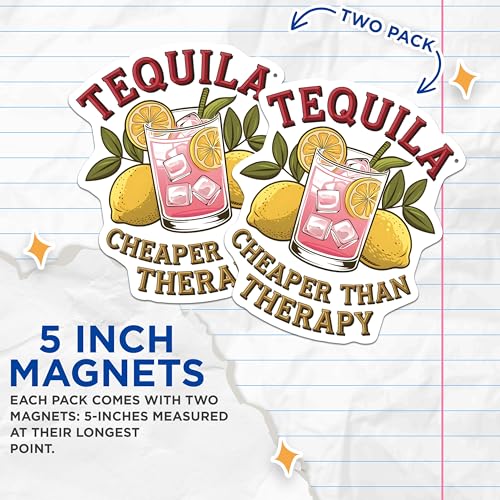 (2 Pack) Tequila Cheaper Than Therapy Magnets - Fun Drink Decorations - Kitchen Refrigerator Accessories - Lemon Drink Art - 5" On Longest Side - for Cars, Fridges, Toolboxes - Made in USA - MAG6845