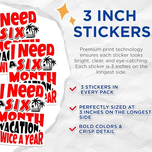 (3 Pack) Vacation Mode Decals - Six Month Vacation - Beach Palm Tree Saying - 3 Inches On Longest Side - Easy Peel & Apply - Made in USA - 3MCS7666