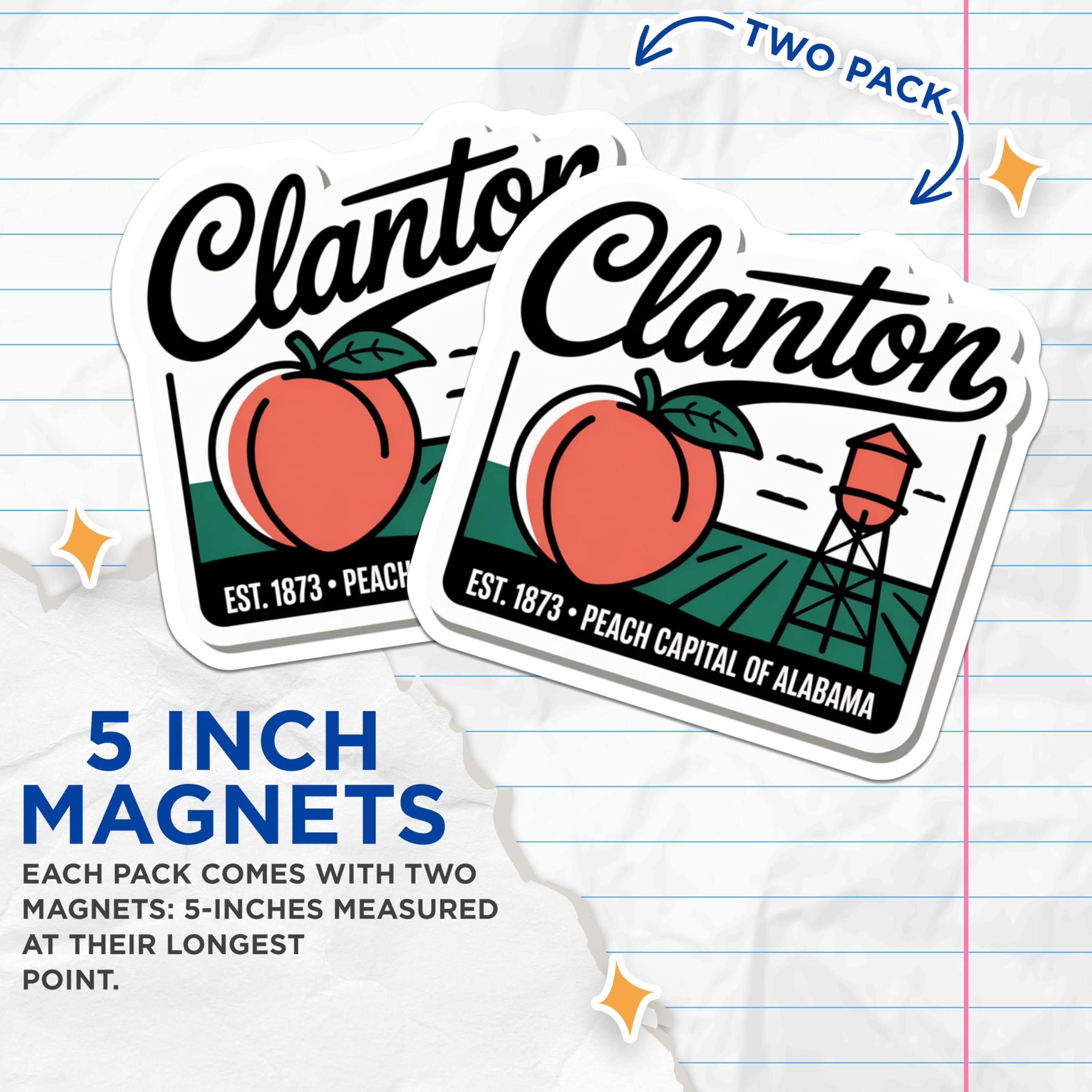 (2 Pack) Clanton Alabama Magnets - Peach Capital Souvenir - Water Tower Fridge Magnet - 5 Inches On Longest Side - Thick Durable Magnet - Made in USA - MAG19330