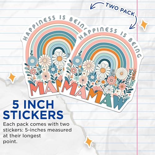 (2 Pack) Happiness is Being Mamaw Stickers - Rainbow Flower - Family Love - 5" On Longest Side - Sticks to Smooth Flat Surfaces - Made in USA - BMCS8178