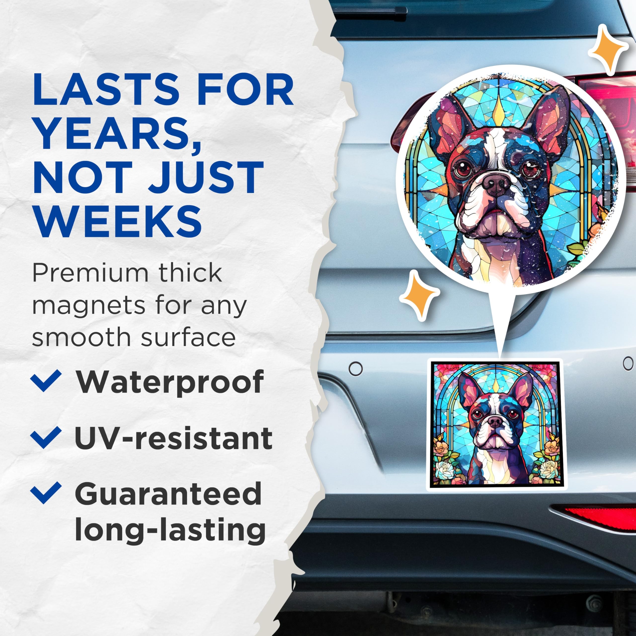 (2 Pack) Boston Terrier Magnets - Stained Glass Dog Art - Refrigerator Decor - 5" On Longest Side - Premium Magnet - for Cars, Refrigerators, Toolboxes, Lockers - Made in USA - MAG14615