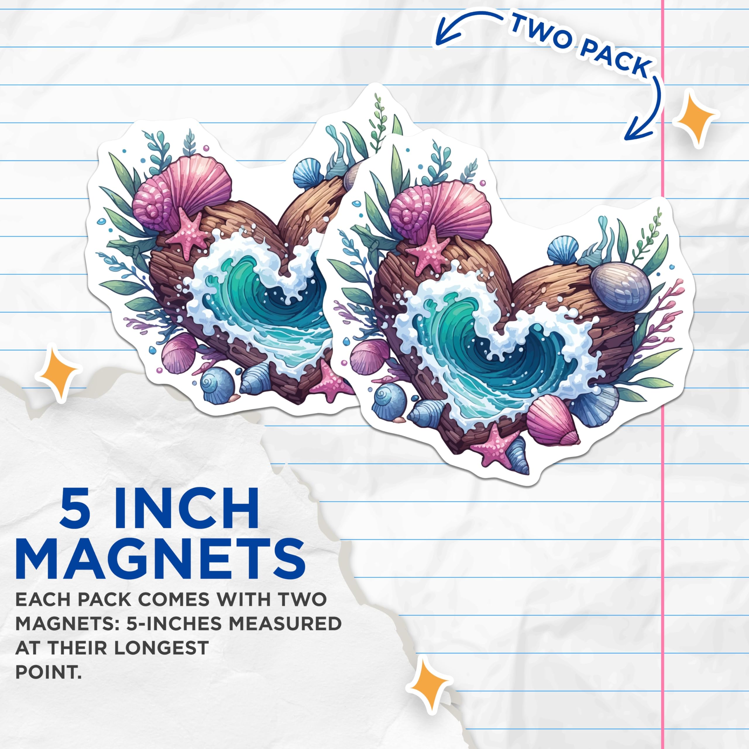 (2 Pack) Ocean Heart Magnets - Beach House Decor - Seashell Starfish Wave Art - Marine Accents - 5 Inches On Longest Side - Thick Durable Magnet - Made in USA - MAG19781