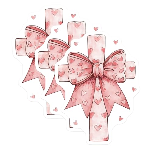 (3 Pack) Pink Heart Bow Decals - Watercolor Decal - Laptop Decals - 3 Inches On Longest Side - Easy Peel & Apply - Made in USA - 3MCS7405