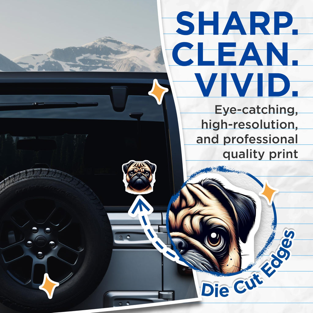 (2 Pack) Pug Stickers - Cute Dog Decal - Pet Lover Stickers - 5" On Longest Side - Sticks to Smooth Flat Surfaces - Made in USA - BMCS15796