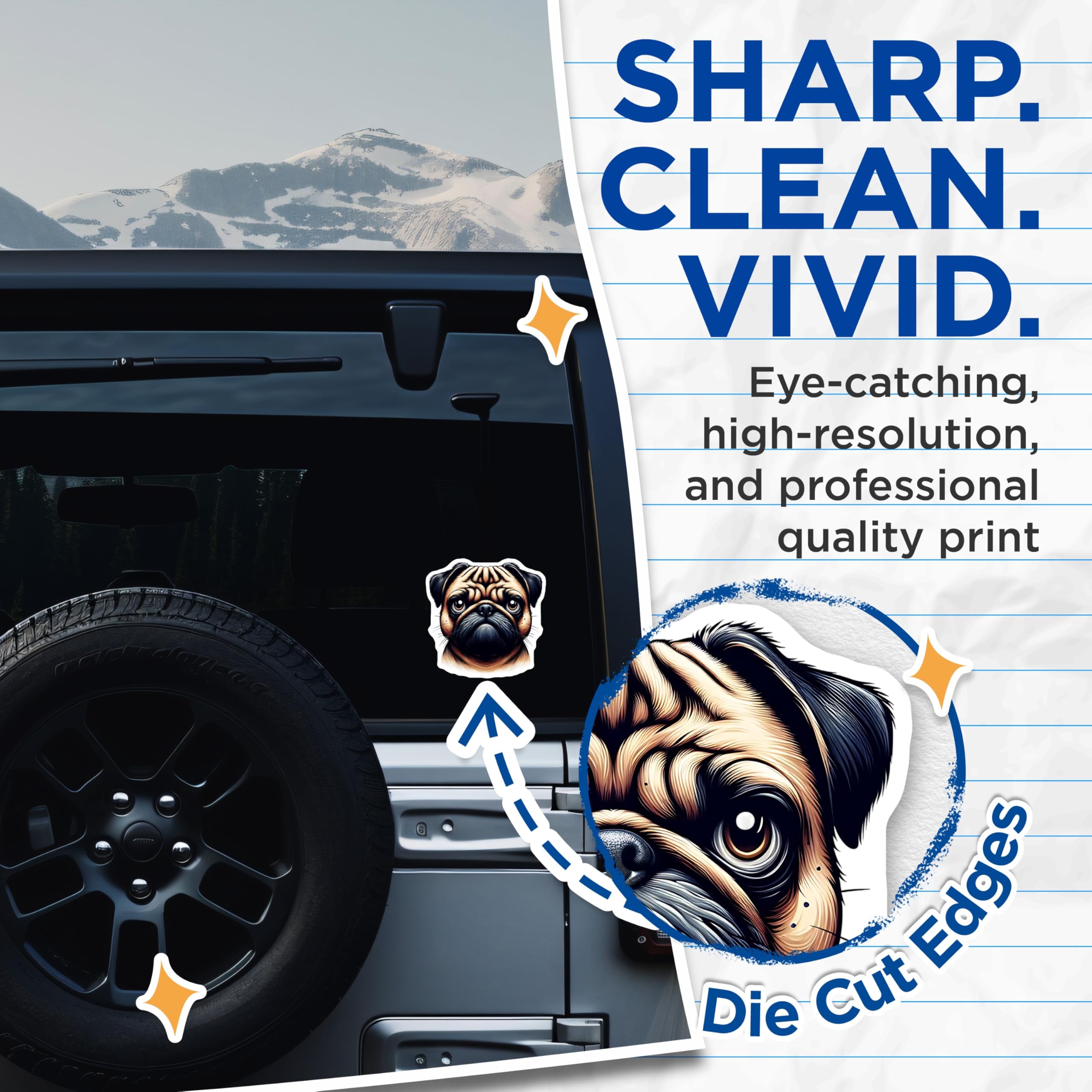 (2 Pack) Pug Stickers - Cute Dog Decal - Pet Lover Stickers - 5" On Longest Side - Sticks to Smooth Flat Surfaces - Made in USA - BMCS15796