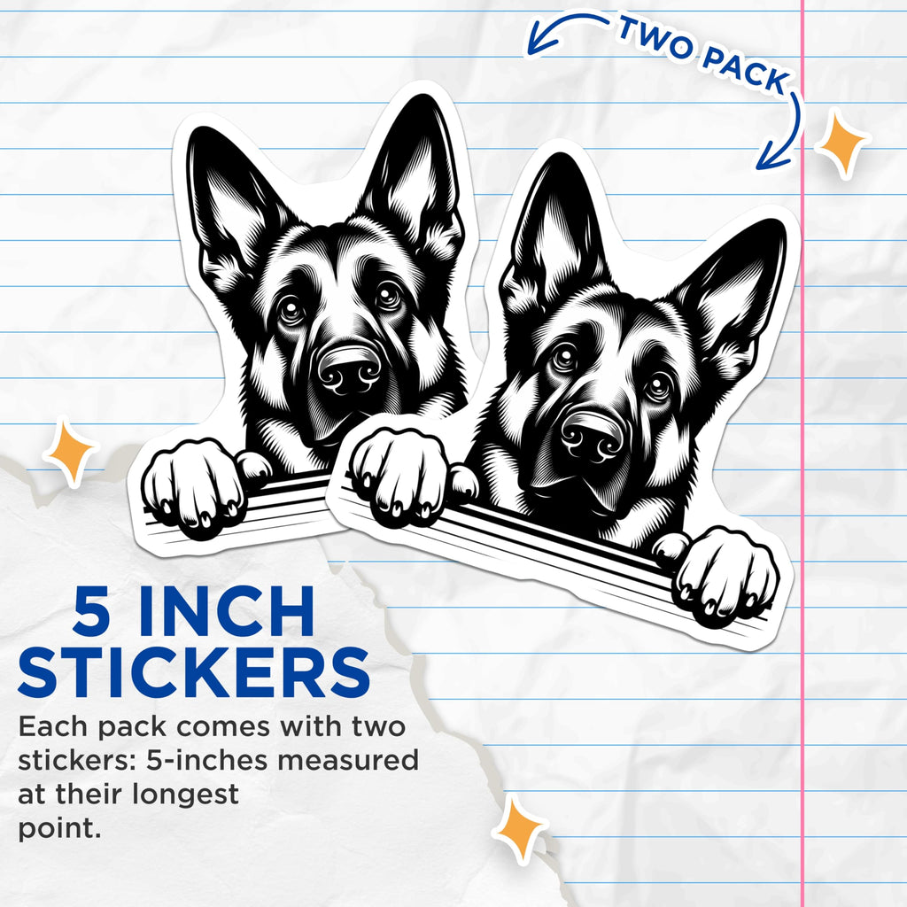 (2 Pack) German Shepherd Stickers - Dog Breed Decal - Cute Dog Stickers - 5" On Longest Side - Sticks to Smooth Flat Surfaces - Made in USA - BMCS15681