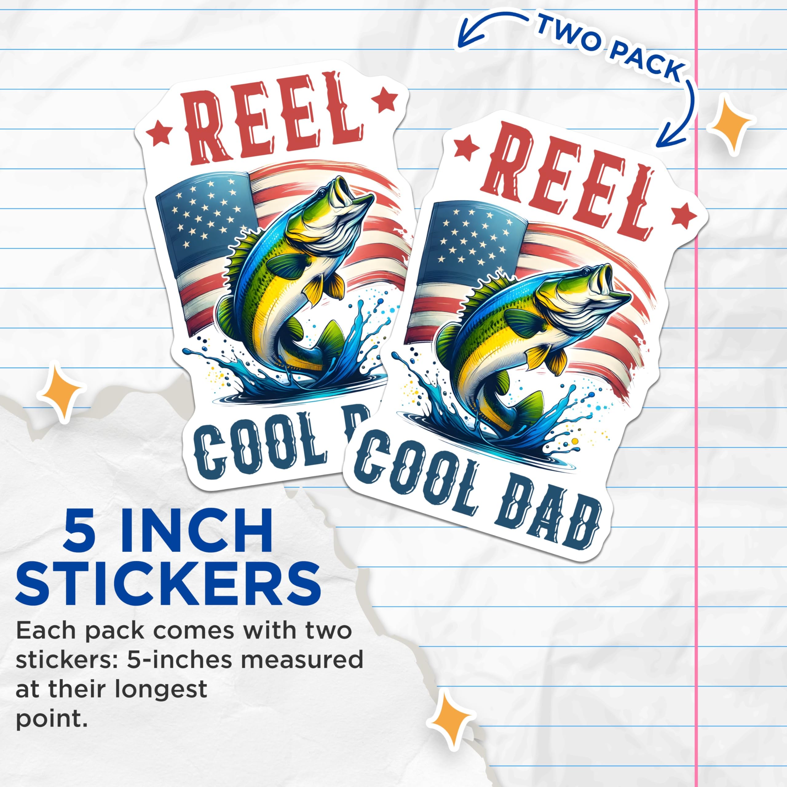 (2 Pack) Fishing Dad Stickers - Cool Dad Fishing Stickers - Reel Cool Dad Decal - 5" On Longest Side - Sticks to Any Smooth Flat Surface - Made in USA - BMCS3232