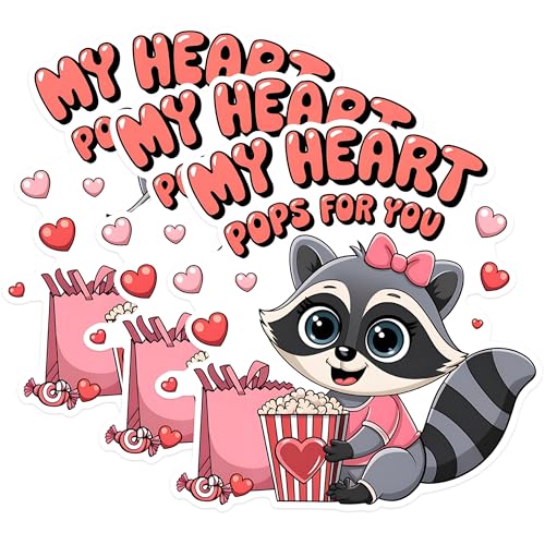 (3 Pack) My Heart Pops for You Decals - Raccoon Laptop Decals - Valentine's Day Decor - 3 Inches On Longest Side - Easy Peel & Apply - Made in USA - 3MCS1794