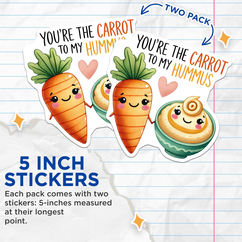 (2 Pack) Cute Carrot and Hummus Stickers - Funny Food Pair Stickers - Adorable Cartoon Sticker for Laptop - 5" On Longest Side - Sticks to Any Smooth Flat Surface - Made in USA - BMCS3376