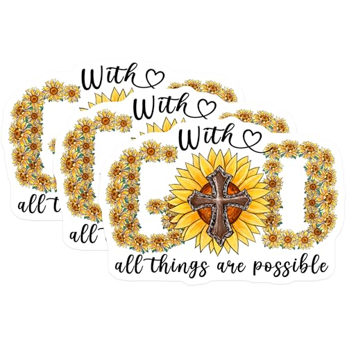 (3 Pack) Sunflower Cross Decals - Christian Laptop Decal - with God All Things are Possible Decals - 3 Inches On Longest Side - Easy Peel & Apply - Made in USA - 3MCS4972