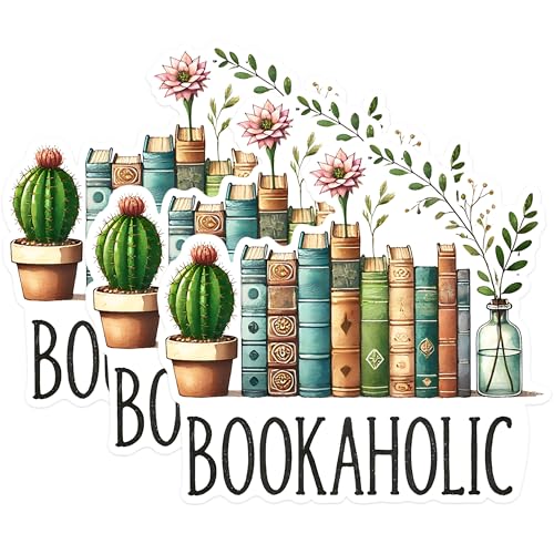 (3 Pack) Bookaholic Decals - Reading Stickers - Plant and Cactus Stickers - 3 Inches On Longest Side - Easy Peel & Apply - Made in USA - 3MCS1572