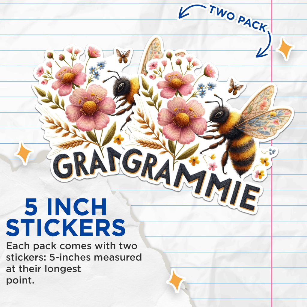 (2 Pack) Bee Floral Stickers - Grammie Stickers - Insect Flower Stickers - 5" On Longest Side - Sticks to Any Smooth Flat Surface - Made in USA - BMCS2582
