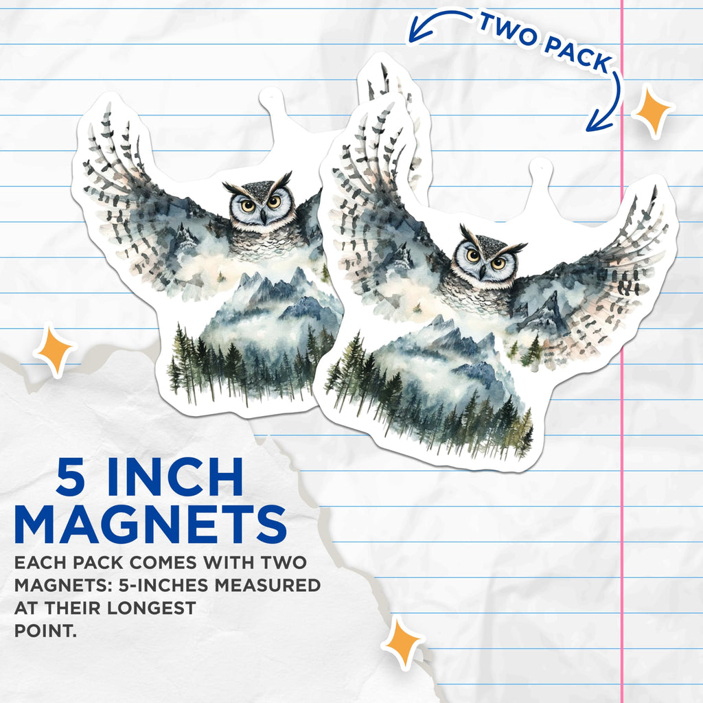 (2 Pack) Owl Magnets - Watercolor Owl Art - Forest Landscape Fridge Magnets - 5" On Longest Side - Premium Magnet - for Cars, Refrigerators, Toolboxes, Lockers - Made in USA - MAG14745