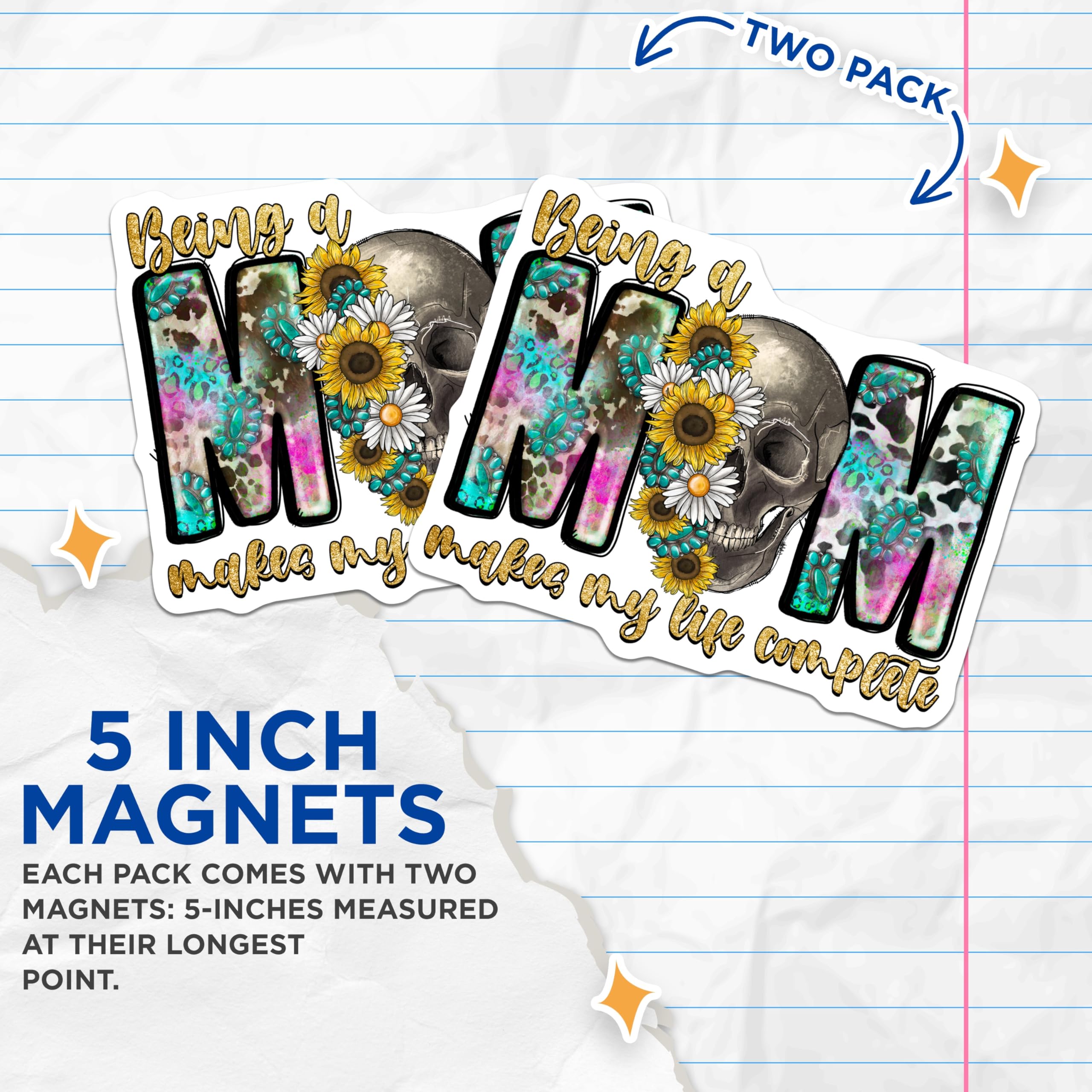 (2 Pack) Edgy Mom Life Magnets - Skull Sunflowers Boho Decor - Western Mom Art - Mother's Day Kitchen Magnets - 5 Inches On Longest Side - Thick Durable Magnet - Made in USA - MAG27493