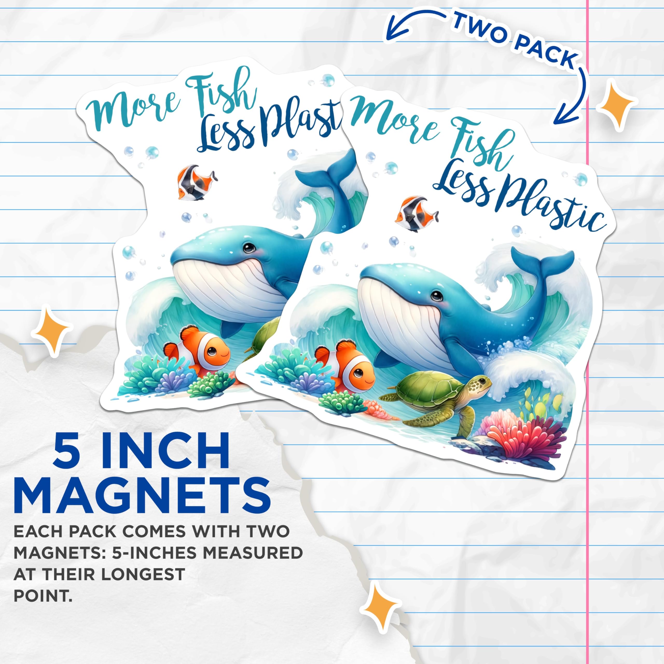 (2 Pack) More Fish Less Plastic Magnets - Ocean Life Decor - 5" On Longest Side - for Cars, Fridges, Toolboxes - Made in USA - MAG7958
