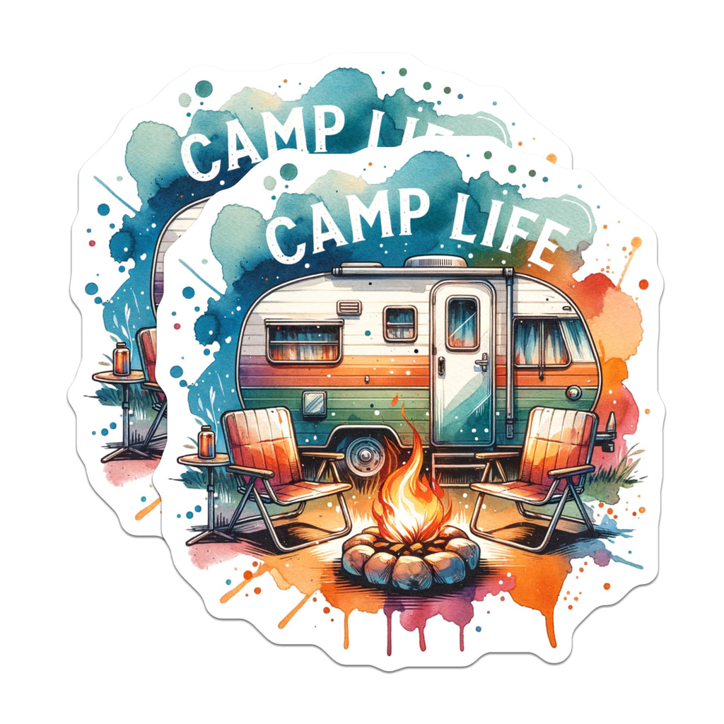 (2 Pack) Camp Life Stickers - Camping Adventure - Vintage Camper Designs - Outdoor Enthusiast Decals - 5" On Longest Side - Sticks to Smooth Flat Surfaces - Made in USA - BMCS6841